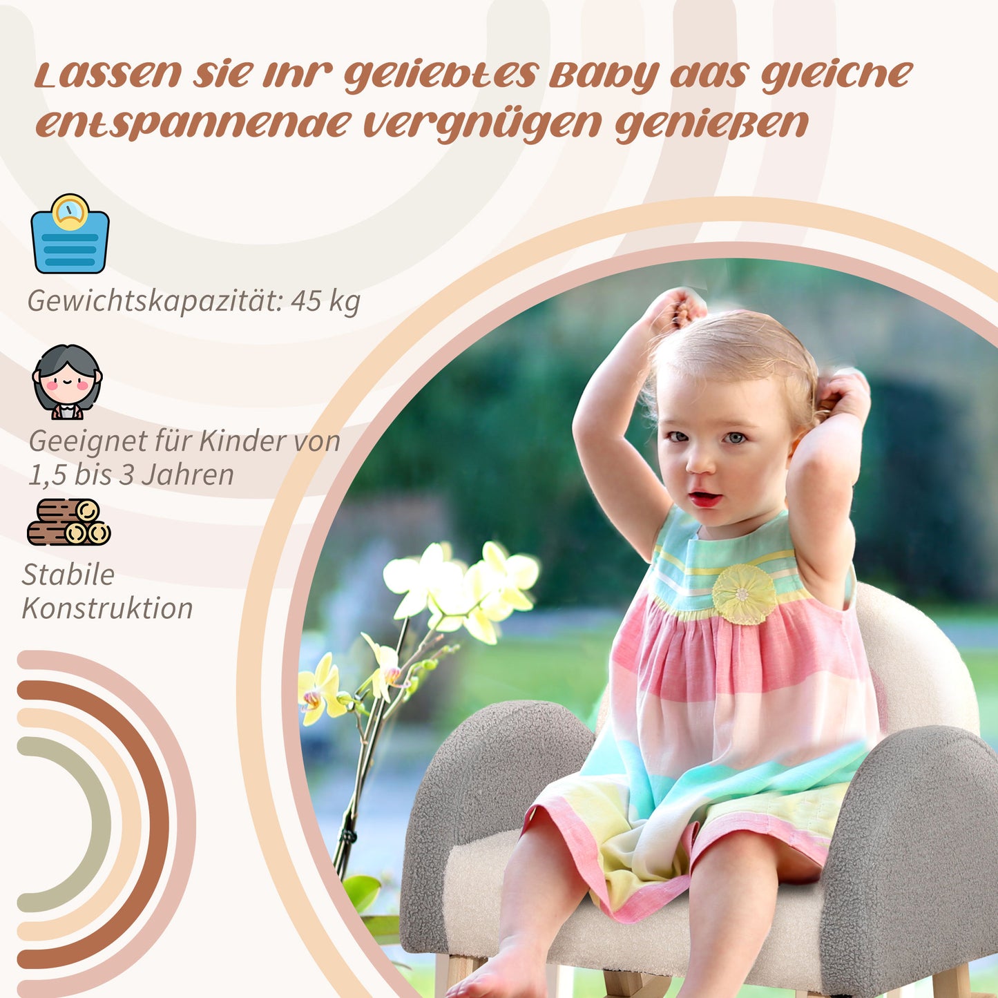 HOMCOM Schaukelstuhl für Kleinkinder, niedliches Design, Schaffell-Imitat, Eukalyptusholz, 50 x 45 x 44cm, grau+rosa+creme