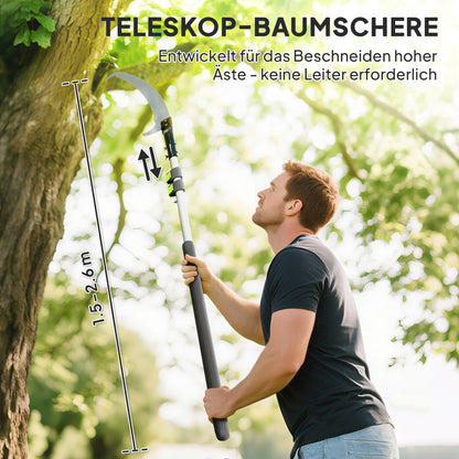 Outsunny Teleskop Astsäge 1,5–2,6m Baumschere mit Feststellvorrichtung, Teleskop-Griff Antihaftbeschichtet Klinge Schwarz