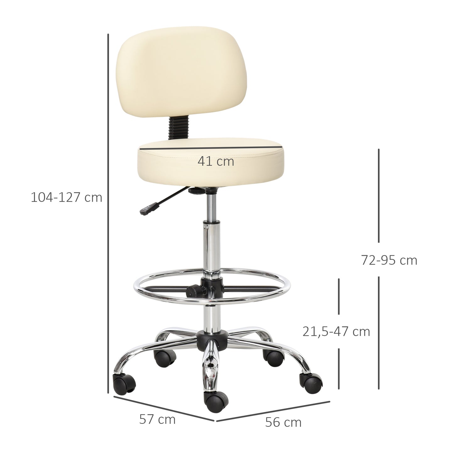 HOMCOM Barhocker Drehstuhl Höheverstellbarer Barstuhl mit Rollen aus Kunstleder-Leder Arbeitshocker Bürohocker 360° schwenkbar mit Lehne Gepolstertet Beige 56 x 57 x 104-127 cm