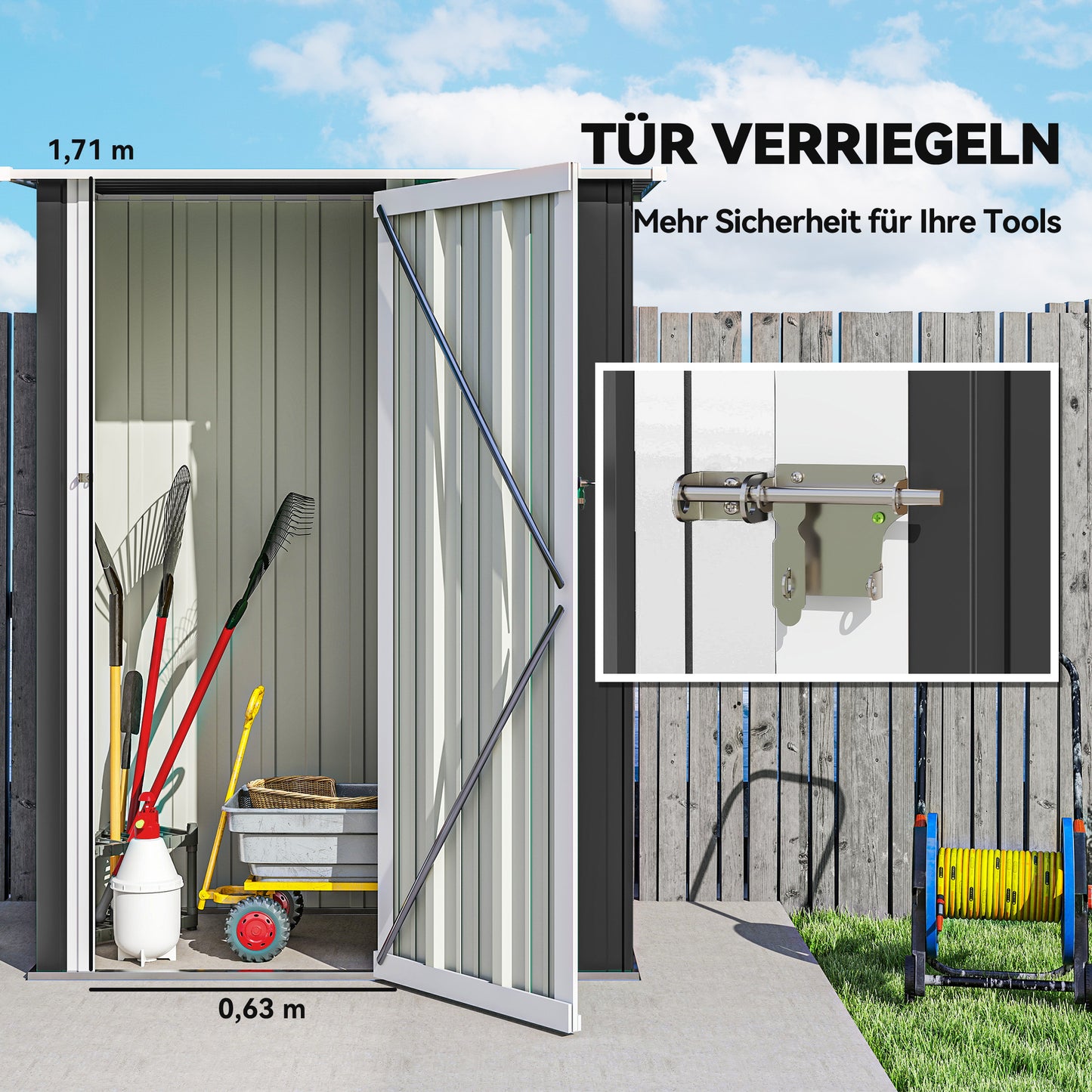 Outsunny Metall Gerätehaus 1,07 m² mit Schrägdach, 142 x 84 x 189 cm Geräteschuppen mit abschließbar Tür, Garten Schuppen, Gartenhaus Dunkelgrau