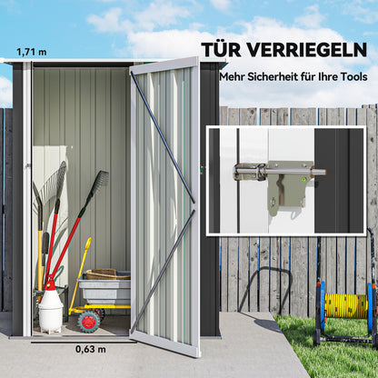 Outsunny Metall Gerätehaus 1,07 m² mit Schrägdach, 142 x 84 x 189 cm Geräteschuppen mit abschließbar Tür, Garten Schuppen, Gartenhaus Dunkelgrau