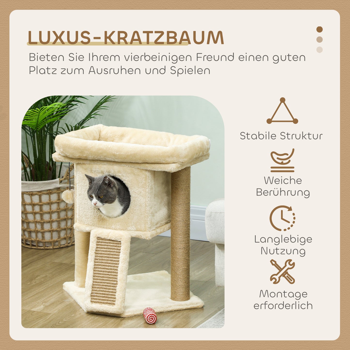 PawHut Kratzbaum mit Jute-Kratzmatte, Liegeplattform, Spielball, Katzenhaus, Beige, 40 x 40 x 57 cm