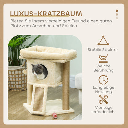 PawHut Kratzbaum mit Jute-Kratzmatte, Liegeplattform, Spielball, Katzenhaus, Beige, 40 x 40 x 57 cm