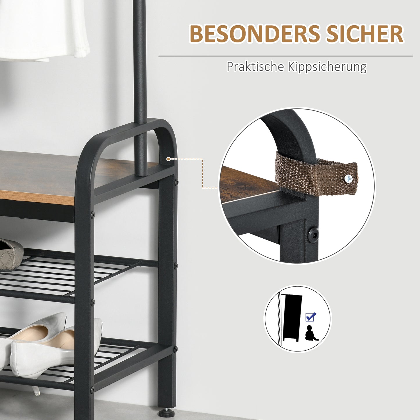 HOMCOM Garderobenständer Schuhregal Kleiderständer mit 8 Haken 2 Ablagen MDF Schwarz 72 x 34 x 185 cm