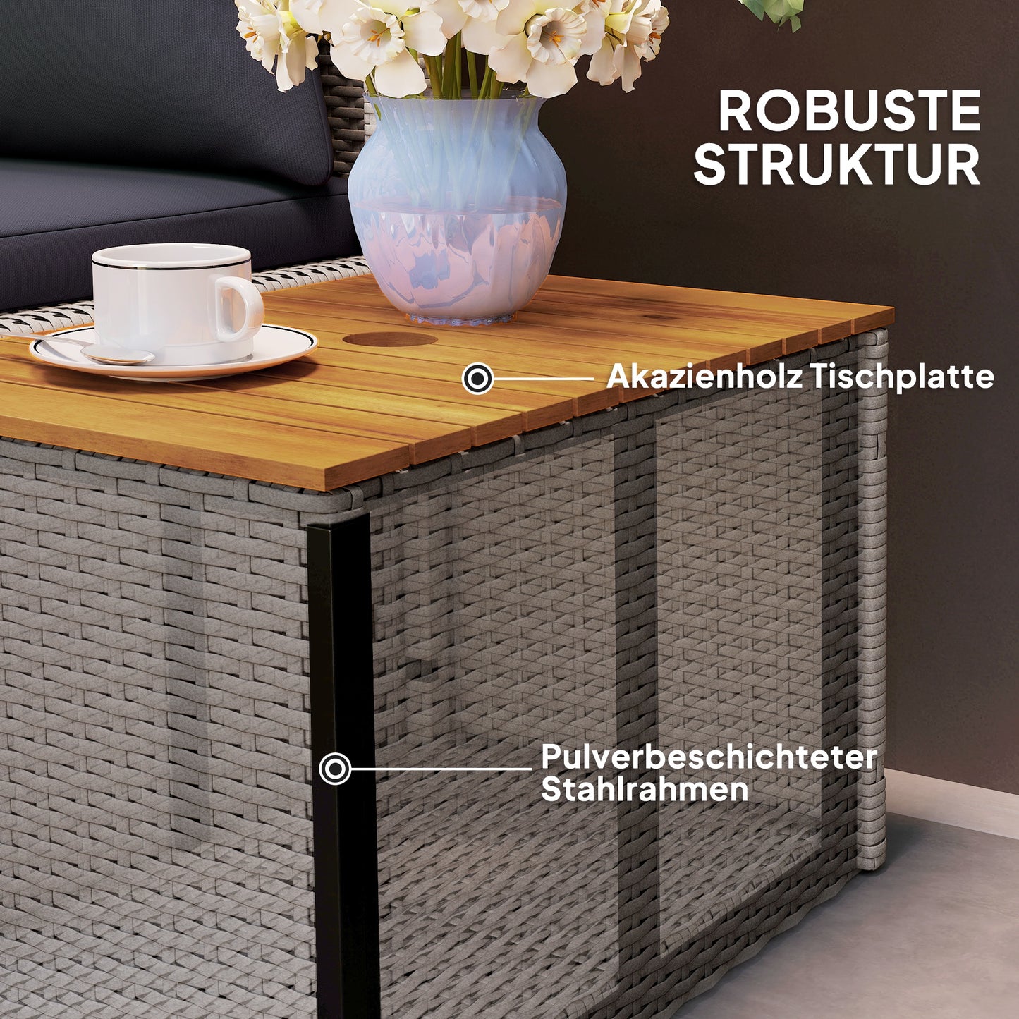 Outsunny Polyrattan Sonnenliege für 2 Personen Doppelliege mit Fußhocker Staurum Auflagen 125x114x72,5 cm Grau