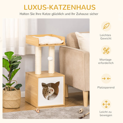 Pawhut Katzenhöhle mit 2 weichen Kissen Katzenbaum mit Katzenbett Spielzeug Kugel Katzenhaus, Sisal Natur 35 x 35 x 81 cm