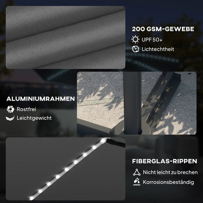 Outsunny Alu Ampelschirm LED Solar Ø300 cm höhenverstellbar Sonnenschirm mit Kurbel Ständer UV50+ Dunkelgrau