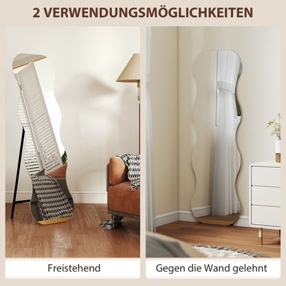 HOMCOM Ganzkörperspiegel ohne Rahmen, Holzbasis, flexibel platzierbar, Wellenform, Schwarz