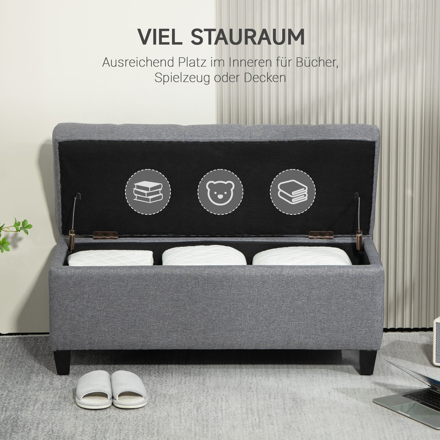 HOMCOM Sitzbank, Polsterbank mit Stauraum, leinenartiges Polyester, Kautschukholz, 100 x 40 x 44 cm, Hellgrau