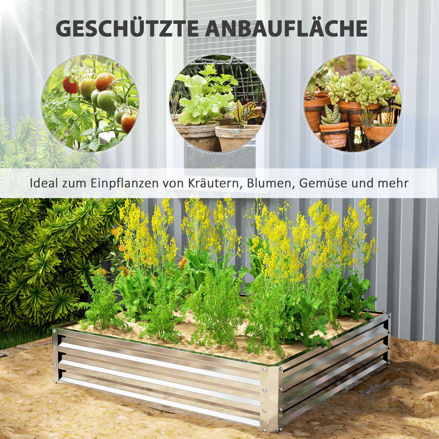 Outsunny Gartenbeet, Pflanzkasten mit Stahlgehäuse, Silber, 120 x 120 x 30 cm