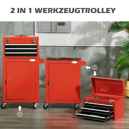 DURHAND 2-in-1 Werkzeugwagen, mobil, 3 Schubladen, Werkzeugtafel, Stahlgehäuse, 46L x 28B x 94H cm, Rot