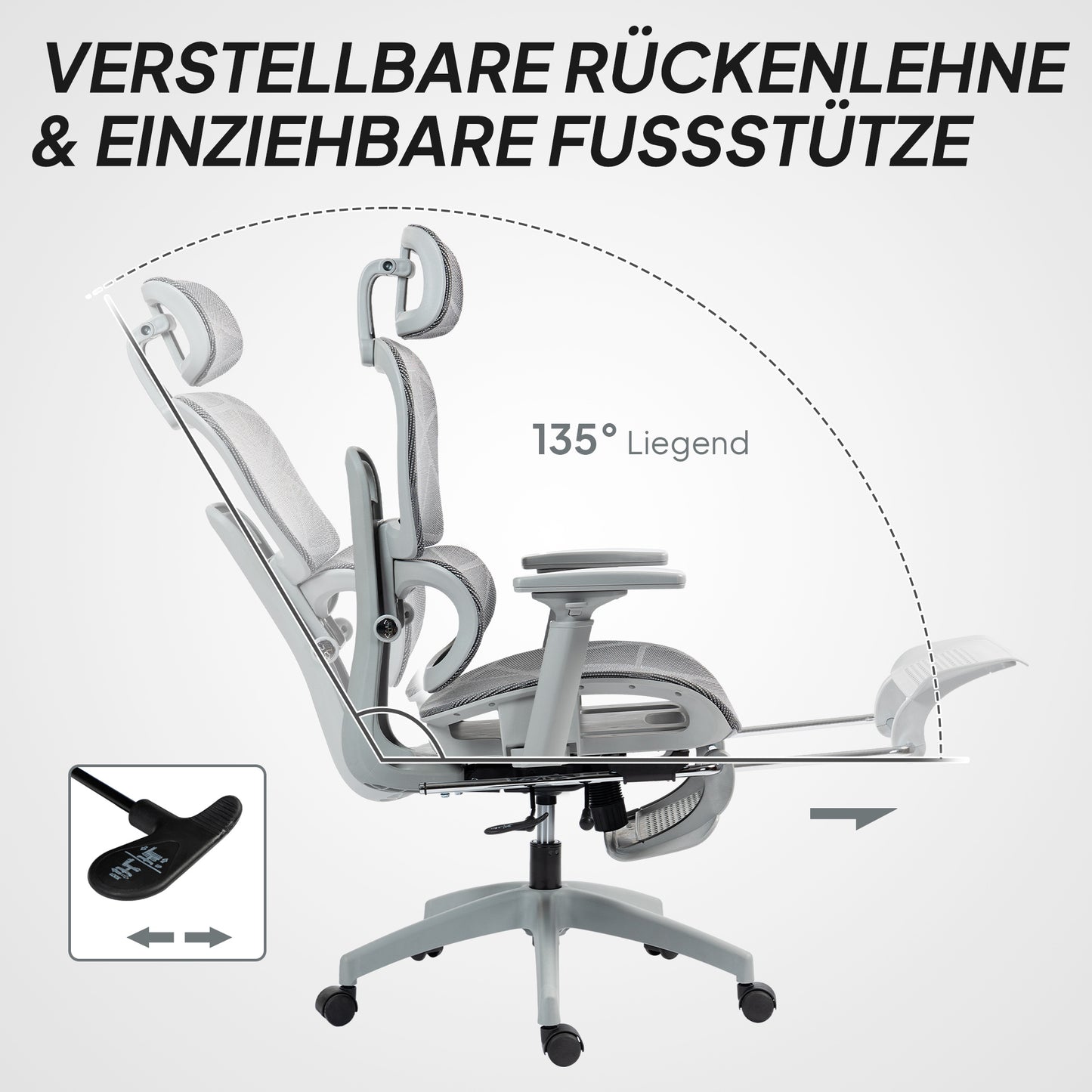 HOMCOM Bürostuhl, Ergonomischer Schreibtischstuhl mit Netzstoffbezug, verstellbar, rollbar, mit Armlehnen, Kopfstütze, Grau