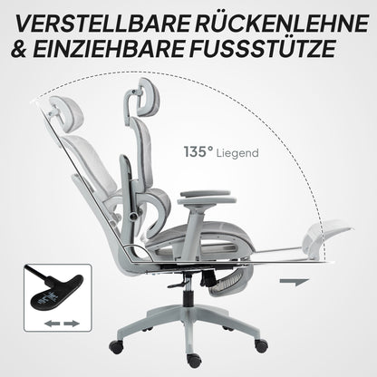 HOMCOM Bürostuhl, Ergonomischer Schreibtischstuhl mit Netzstoffbezug, verstellbar, rollbar, mit Armlehnen, Kopfstütze, Grau