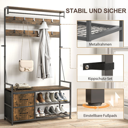 HOMCOM 6-in-1 Garderobenständer mit Sitzbank und Schuhregal, Industrie-Stil, 10 Haken, 2 Stoffschubladen, Metall, Braun
