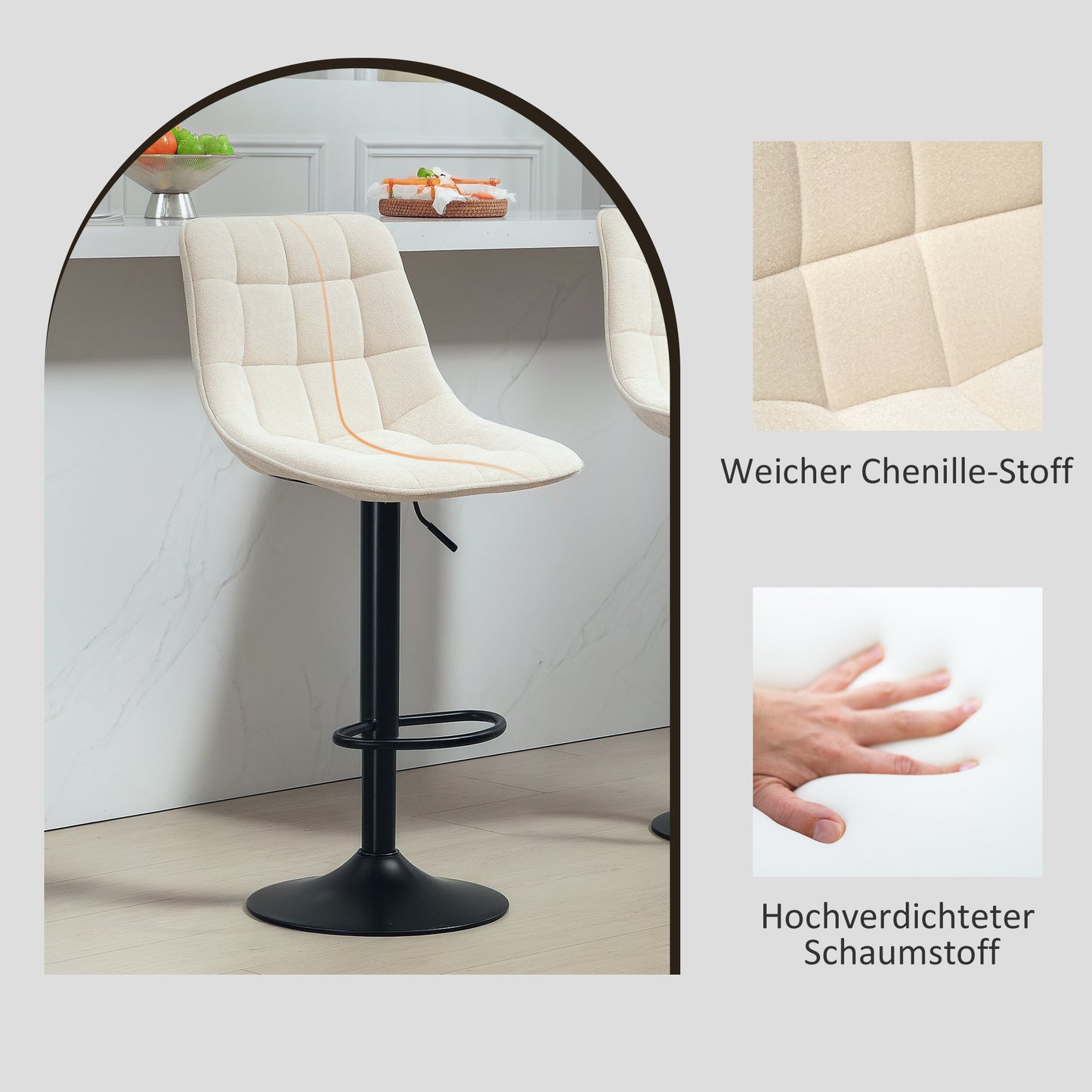 HOMCOM Moderner Barhocker, 2er-Set drehbare Barstühle mit Rückenlehne, höhenverstellbar, mit Fußstütze, gepolstert, Beige