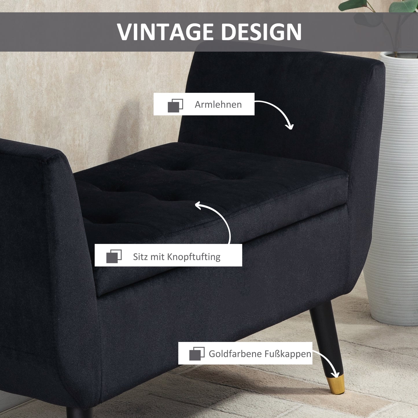 HOMCOM Sitzbank mit Stauraum Armlehnen Polsterbank mit Samtoptik, Sitztruhe mit Holzbeine, Truhenbank für Wohnzimmer Schlafzimmer Flur 107 x 42 x 65 cm, Schwarz