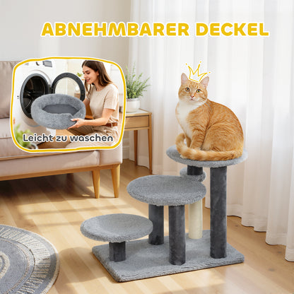 PawHut Kratzbaum und Katzentreppe, breite Basis, Plüschstoff, Sisalkratzsäule, Grau