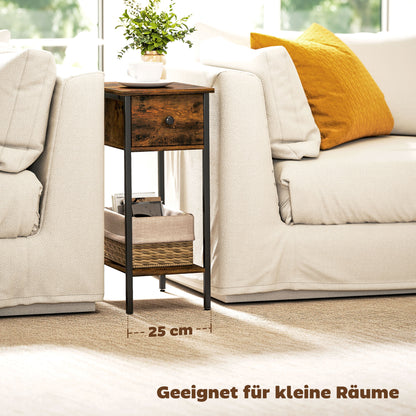 HOMCOM Beistelltisch mit offenem Fach und Schublade, Nachttisch, Metallbeine, Holz, Braun