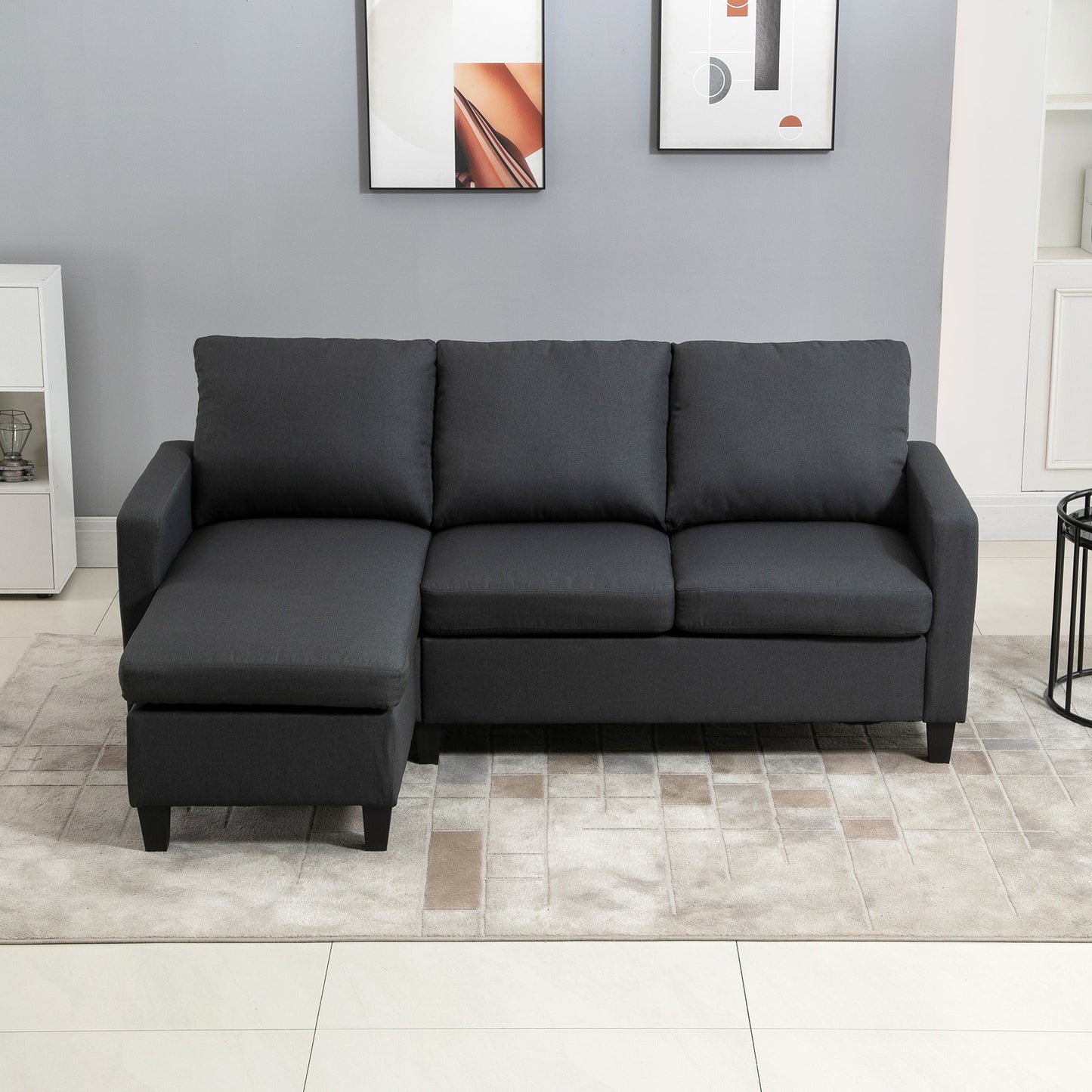 HOMCOM Ecksofa mit Schlaffunktion, 3 Sitzer Sofa und Kissen, Eckcouch, L-Form Couch für Wohnzimmer, Schlafzimmer 197 x 139 x 91 cm, Leinen, Dunkelgrau
