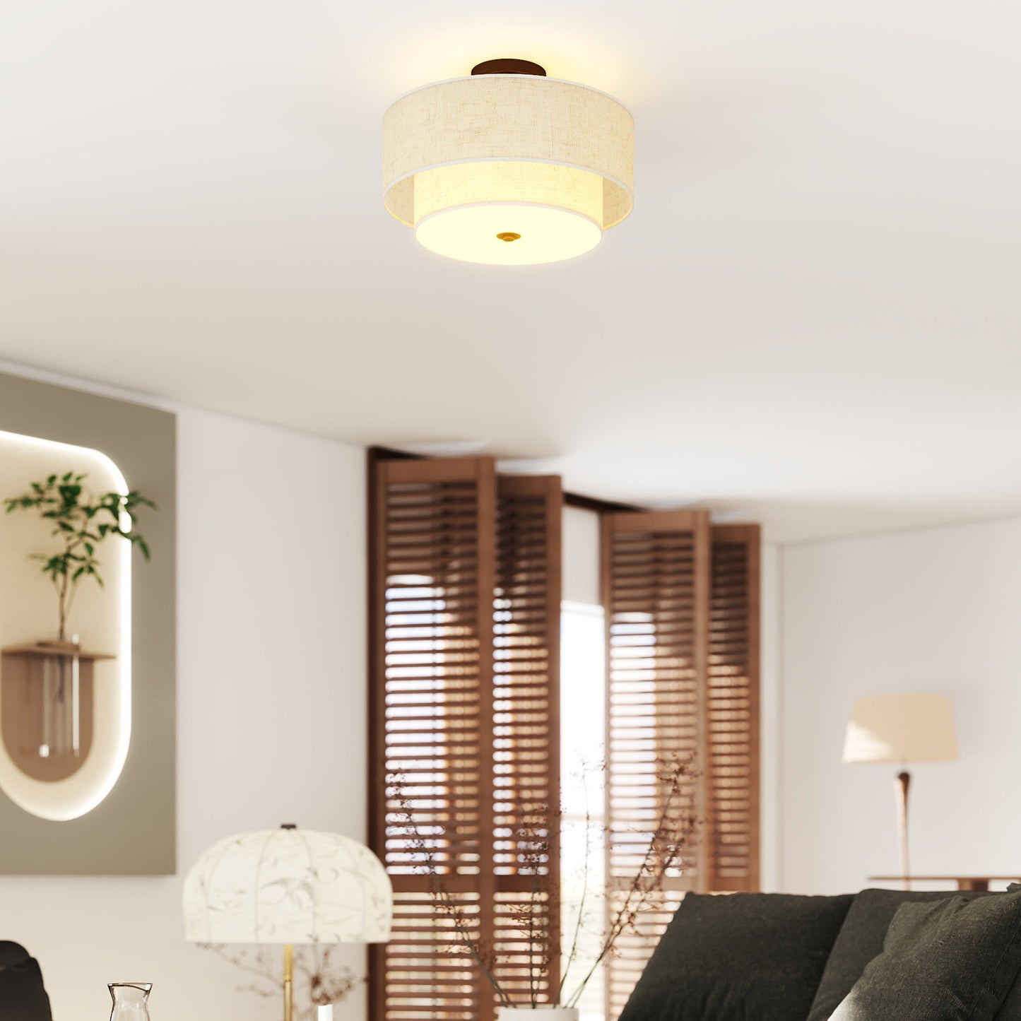 HOMCOM Deckenlampe, Hängeleuchte mit doppelten Schirmen in Leinenoptik, Cremeweiß