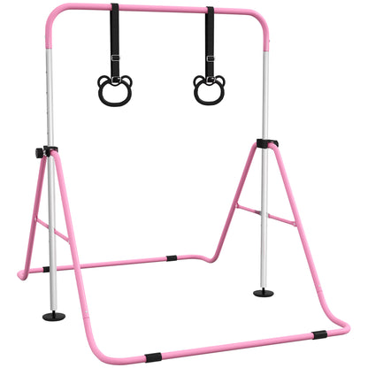 HOMCOM Kinder-Turnbarren mit Ringen, höhenverstellbar, klappbar, rutschfest, Stahlrahmen, 148x105x88-128 cm, Pink
