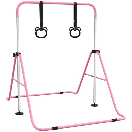 HOMCOM Kinder-Turnbarren mit Ringen, höhenverstellbar, klappbar, rutschfest, Stahlrahmen, 148x105x88-128 cm, Pink