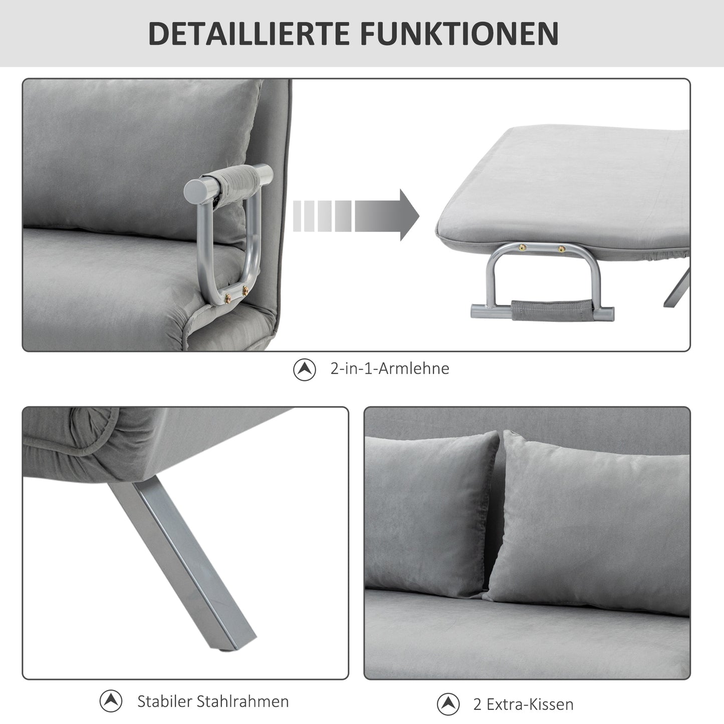 HOMCOM Schlafsofa, Doppelsofa, Gästebett, inklusive 2 Kissen, Grau