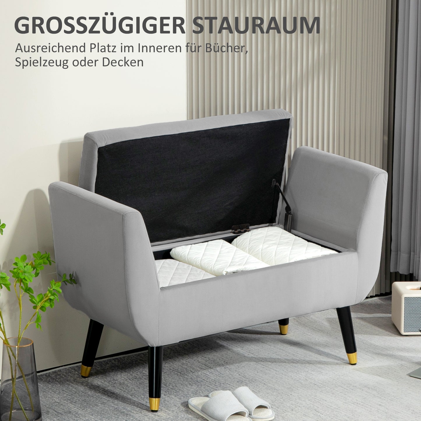 HOMCOM Sitzbank mit Stauraum und Armlehnen, Truhenbank, samtartiges Polyester, Kautschukholz, Hellgrau, 107 x 42 x 65 cm