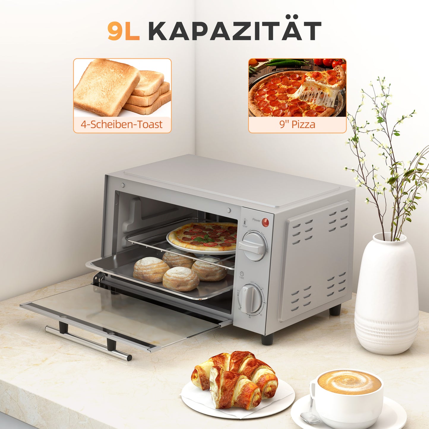HOMCOM Minibackofen, 9 L Mini-Ofen mit Backblech, Grillrost, mit einstellbarer Temperatur und Garzeit, Edelstahl, Silber