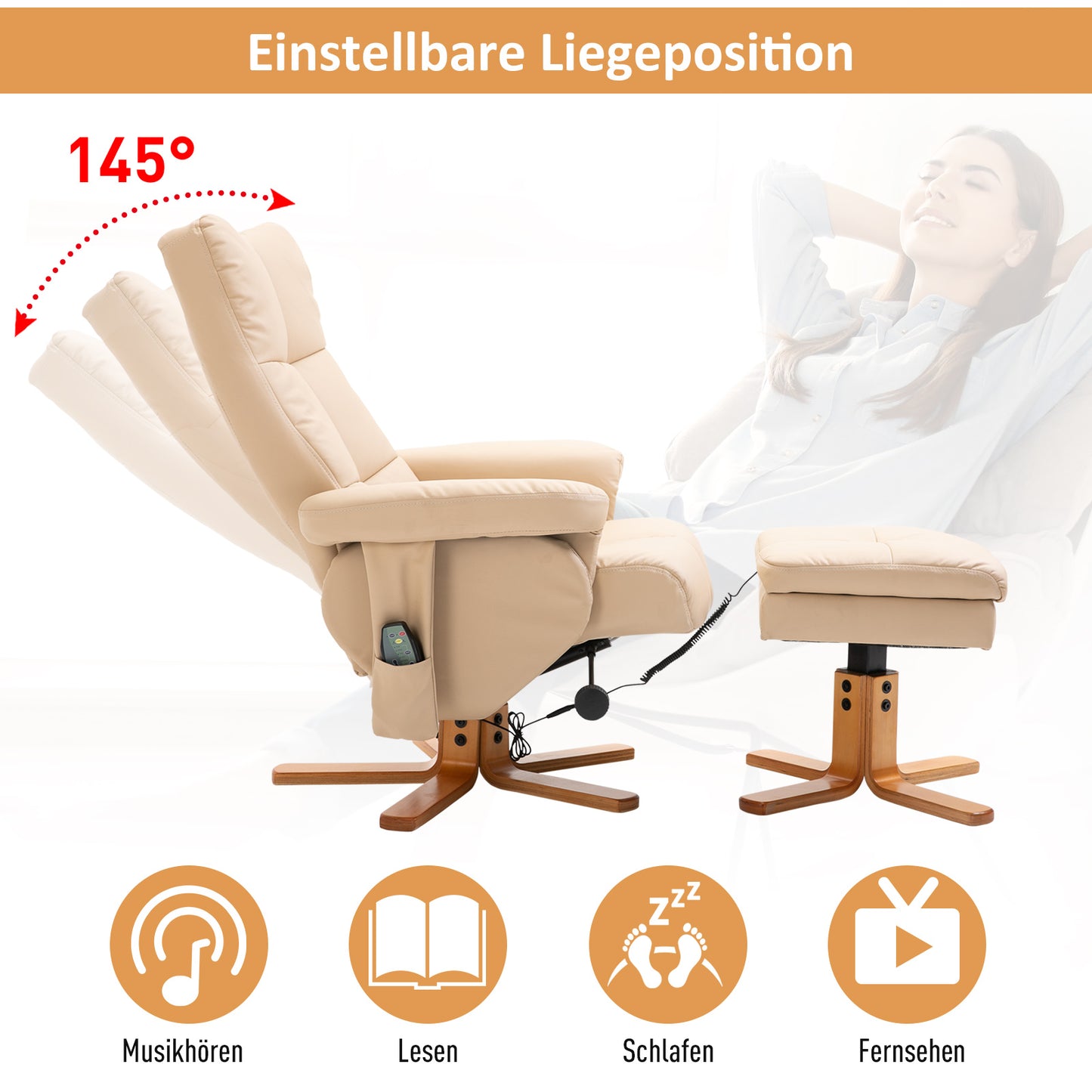HOMCOM Relaxsessel Massagesessel mit Fußhocker Stauraum Liegefunktion Fernsehsessel mit Massagefunktion TV Sessel 145°-Neigung Polyester Cremeweiß 80 x 86 x 99 cm
