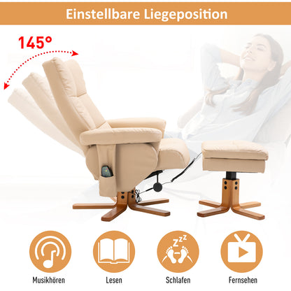HOMCOM Relaxsessel Massagesessel mit Fußhocker Stauraum Liegefunktion Fernsehsessel mit Massagefunktion TV Sessel 145°-Neigung Polyester Cremeweiß 80 x 86 x 99 cm