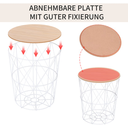 HOMCOM Couchtisch Rund 2er Set stapelbar Wohnzimmertisch Beistelltisch mit abnehmbaren Deckel Satztisch Kaffeetisch mit Metallgestell für Wohnzimmer Natur+Weiß