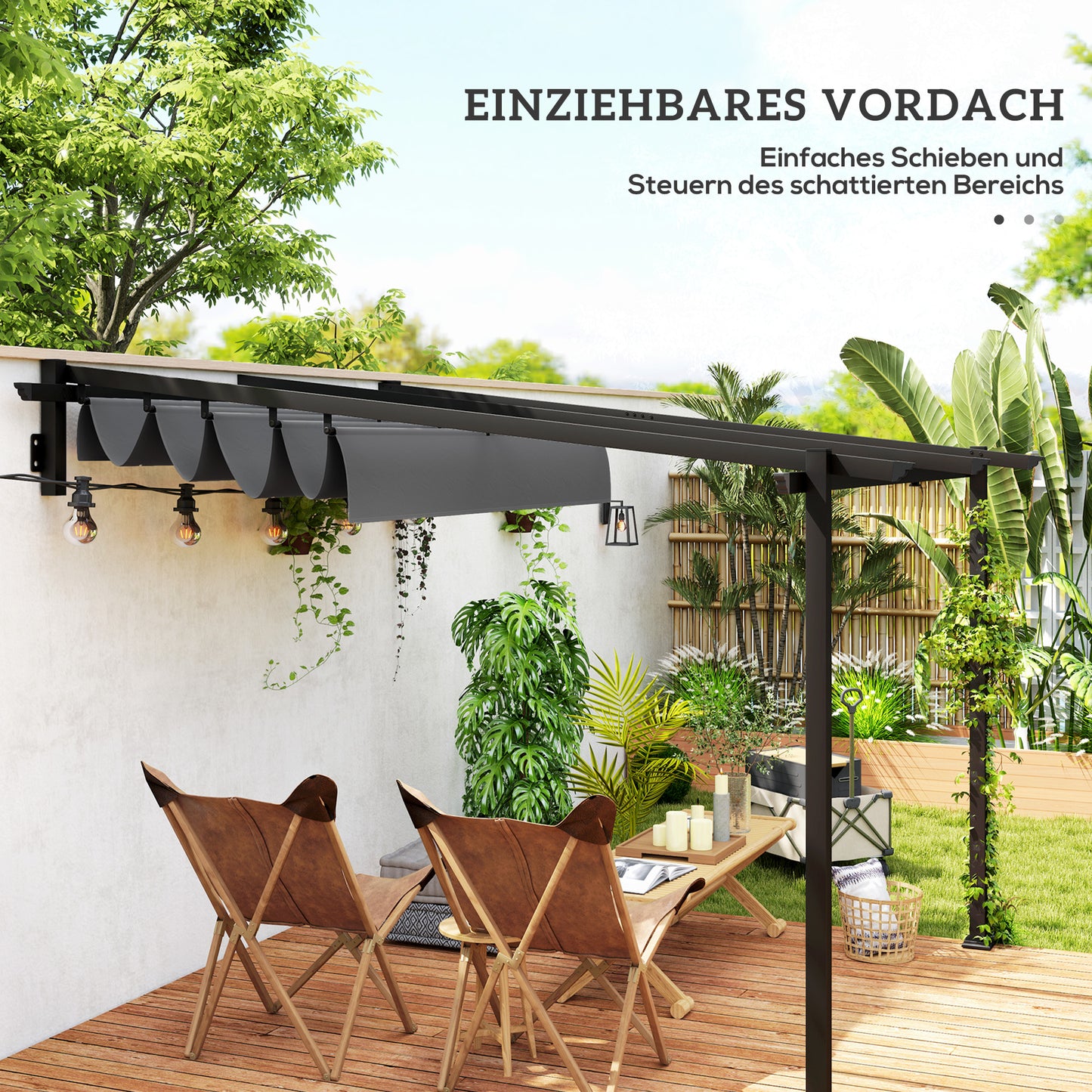 Outsunny Pavillon, 3 x 3 m Pergola, Winddichtes Terrassendach, Wandmontage, Verstellbares Dach, für Garten, Terrasse, Dunkelgrau