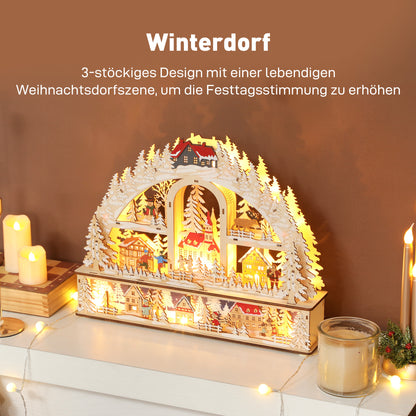 HOMCOM Weihnachtsdorf mit LED-Leuchtung, 45 cm Weihnachtsstadt mit Schneemann, Renntier und Bäume Naturholz