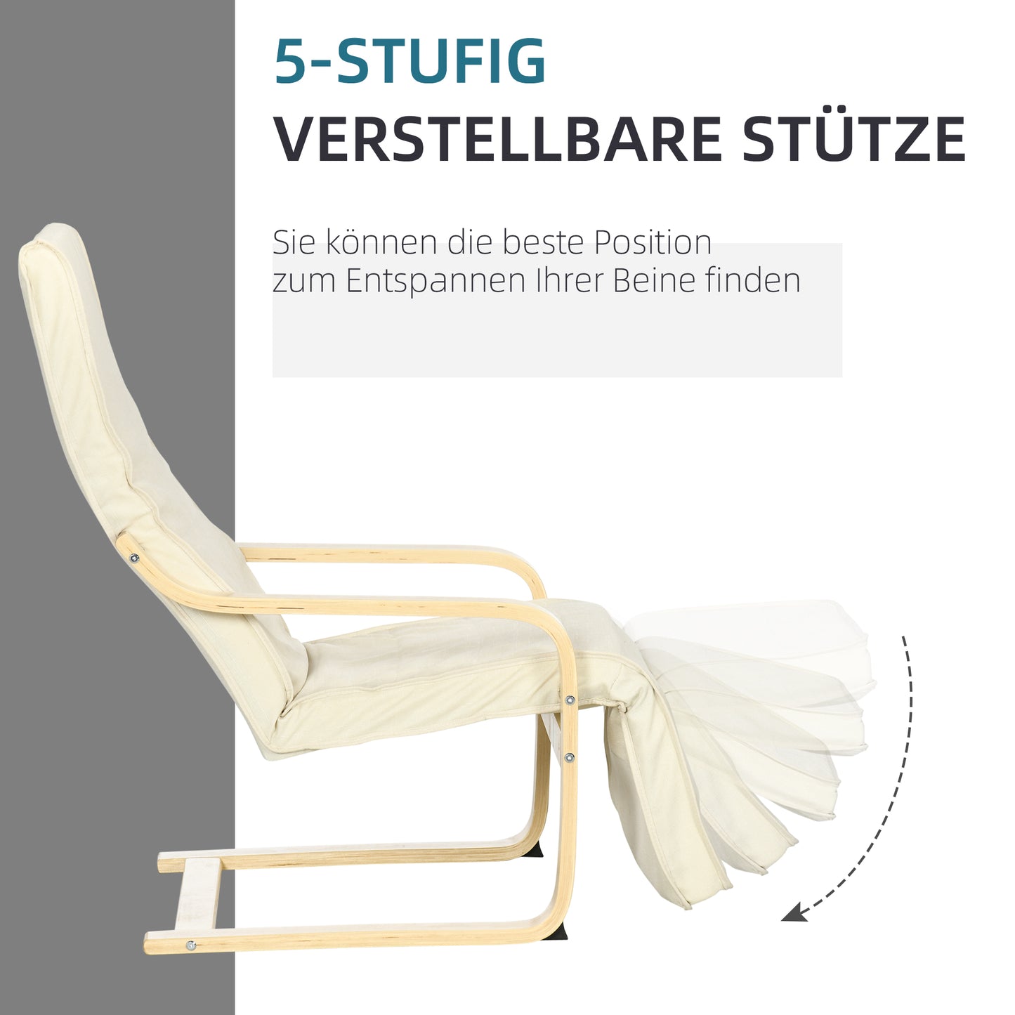 HOMCOM Liegestuhl mit Auflage, 5-stufige Fußstütze, Birkenholz, bis 120 kg, 66,5 x 94 x 100 cm, Cremeweiß