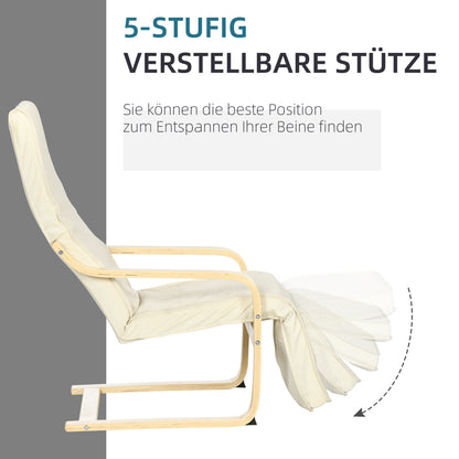 HOMCOM Liegestuhl mit Auflage, 5-stufige Fußstütze, Birkenholz, bis 120 kg, 66,5 x 94 x 100 cm, Cremeweiß