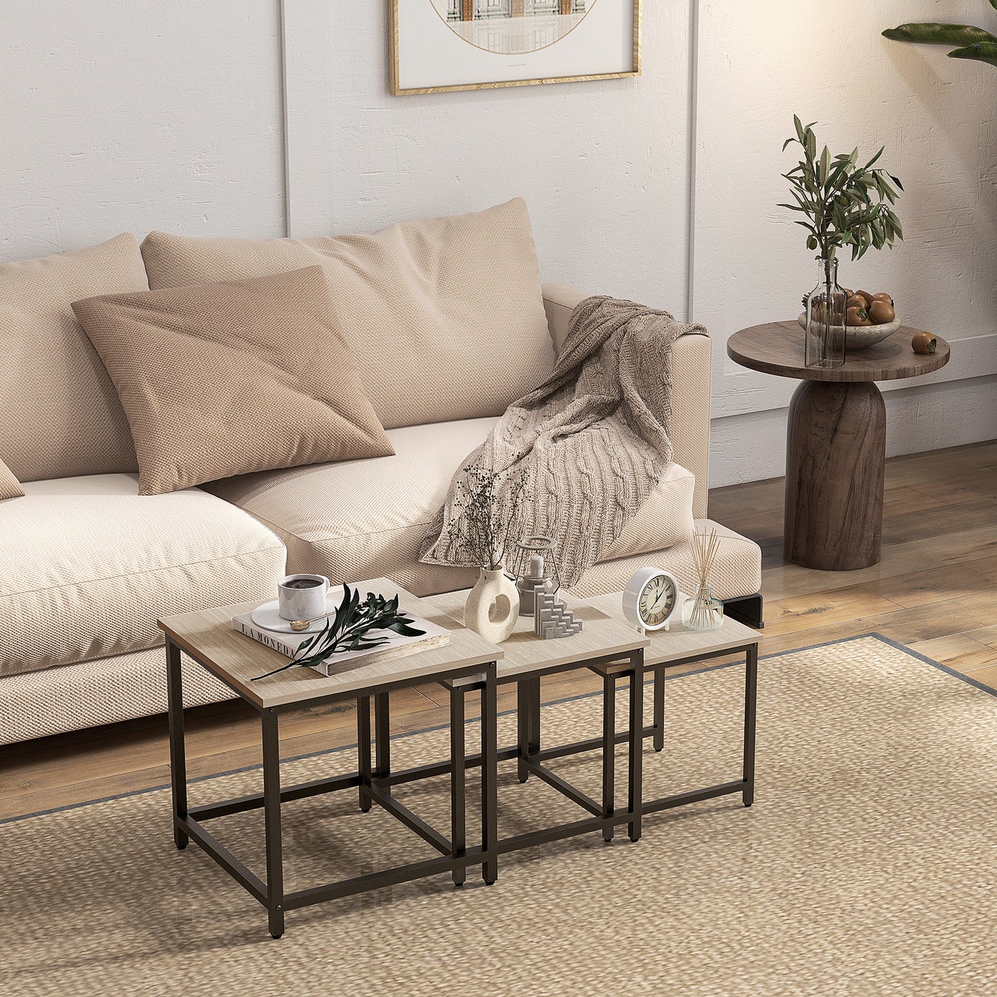 HOMCOM Satztisch-Set aus 3 Beistelltischen, Industrial Design, schwarzer Stahlrahmen, Tischplatte in Holzoptik