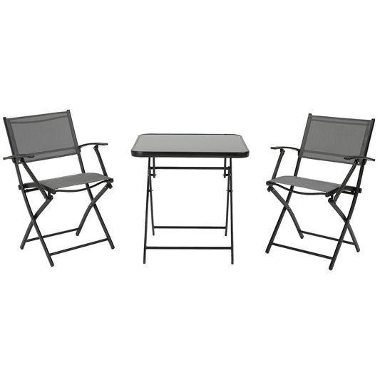 Outsunny Sitzgruppe für 2 Personen klappbar Balkonset 1 Tisch+2 Stühle Gartenmöbel Set Metall Mesh Schwarz+Grau