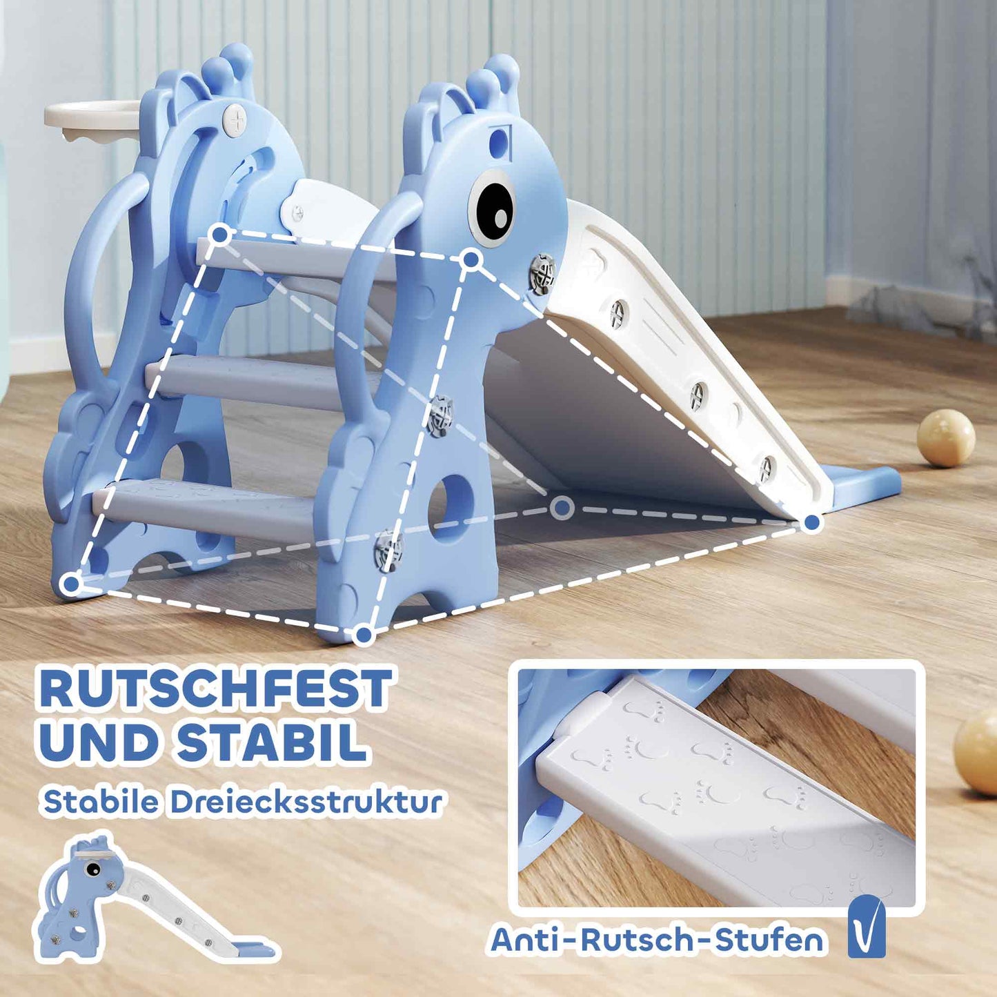 AIYAPLAY 3-in-1 Rutsche für Kinder, Giraffenform, Basketballkorb, Ball, Blau