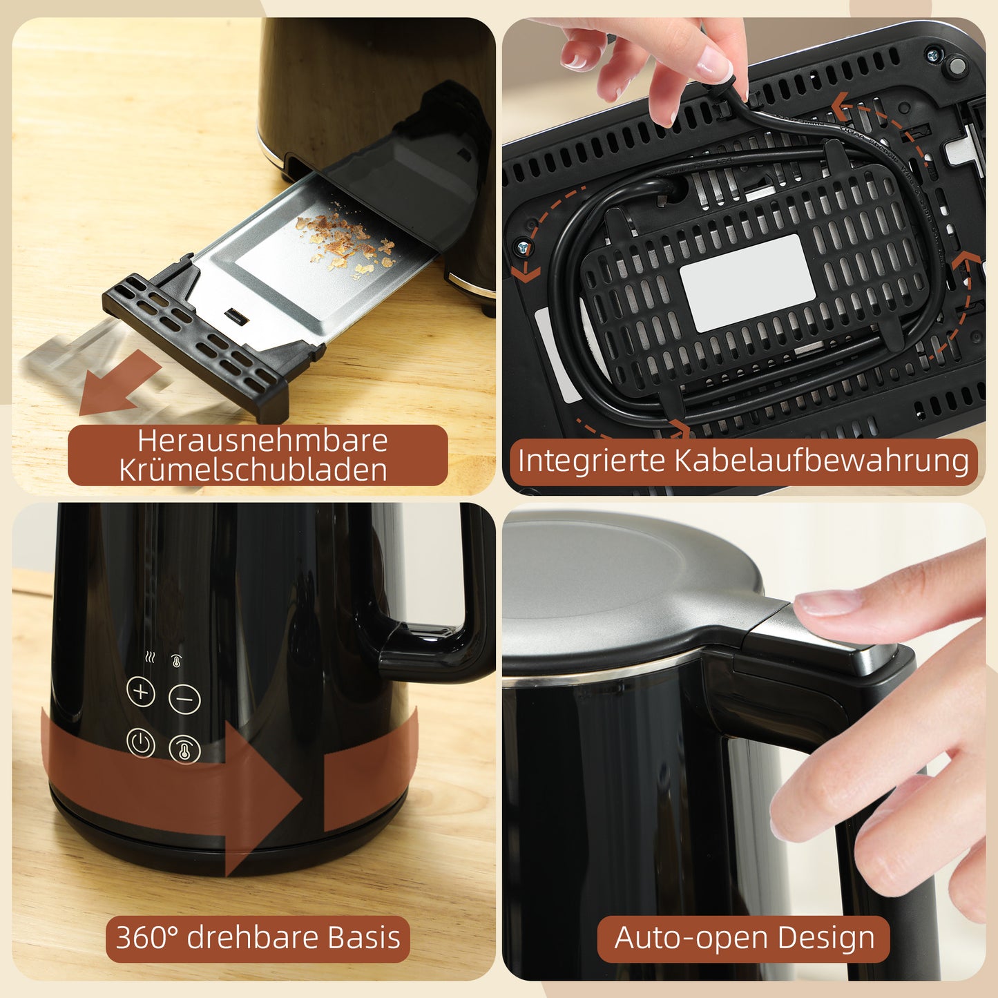 HOMCOM Küchenset mit Wasserkocher und Toaster, 7 Bräunungsstufen, schnelles Kochen, Edelstahl, Kunststoff, Schwarz