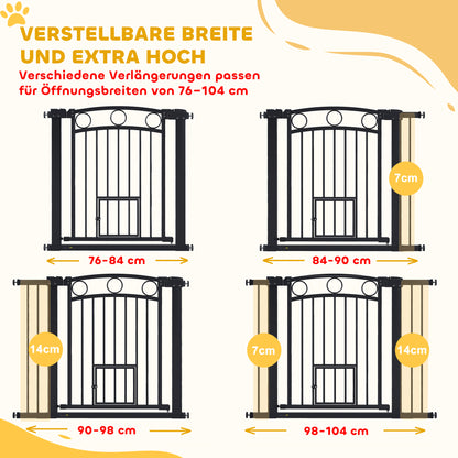 PawHut Haustiertor, 77 cm Treppengatter, verstellbar Breite 76-104 cm, mit Katzentür, für Treppen och Türöffnungen, Schwarz
