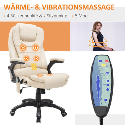HOMCOM Bürostuhl mit Massagefunktion, Wärmefunktion, höhenverstellbar, Kippfunktion, Massage-Bürostuhl, Cremeweiß + Schwarz