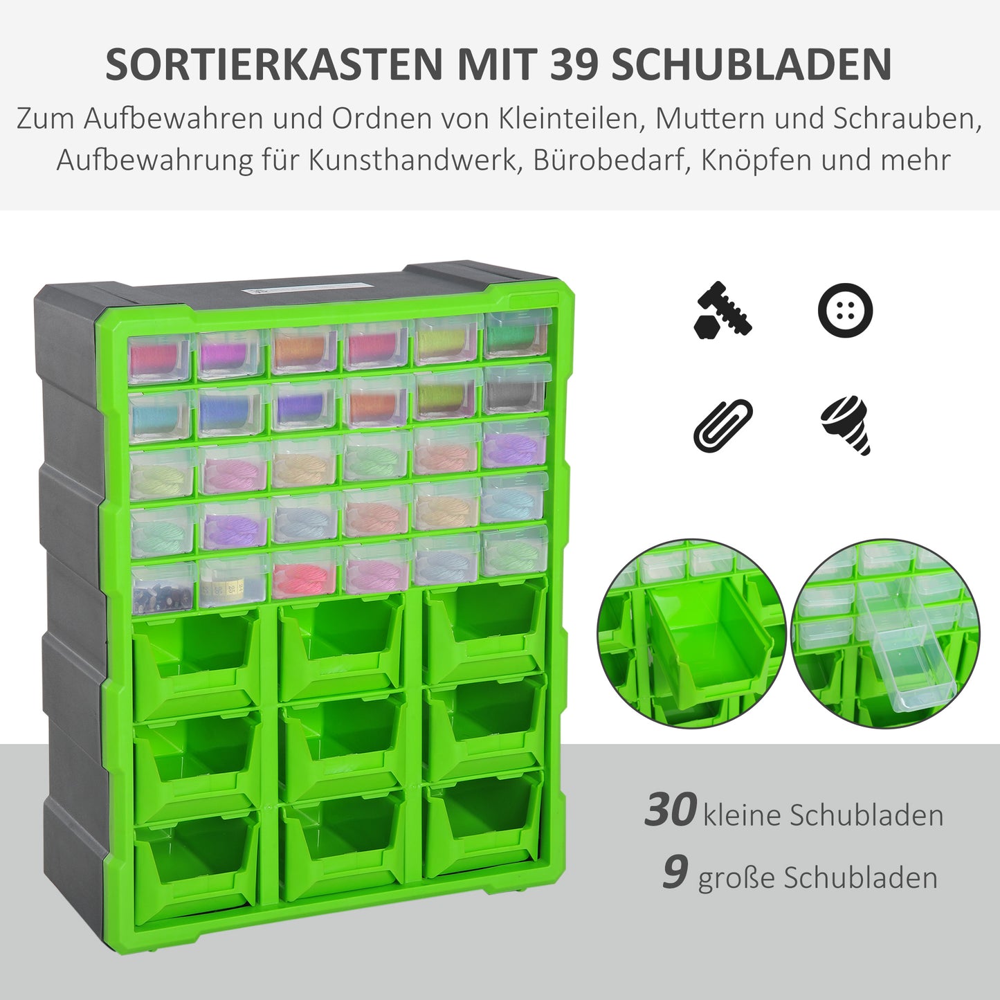 DURHAND Sortierkasten Kleinteilemagazin Teile Box Aufbewahrungsbox 39 Fächer Grün L38 x B16 x H47,5 cm