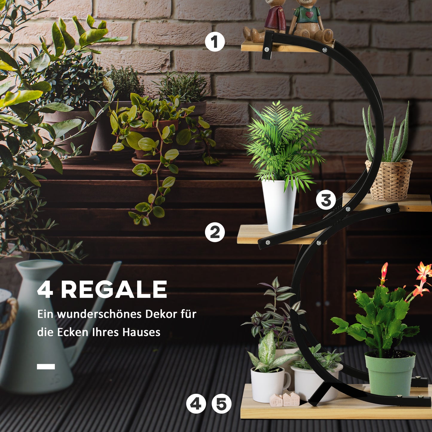 Outsunny Pflanzenständer mit 4 Regalen, Massivholz, wetterbeständig, 46 cm x 25 cm x 91 cm, Schwarz + Natur