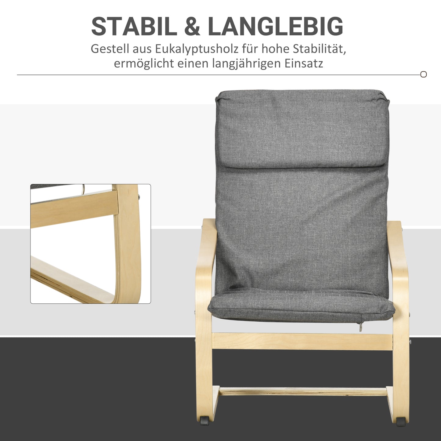 HOMCOM Sessel mit Kopfstütze und Armlehnen, Bezug in Leinenoptik, Holzgestell, Grau + Natur