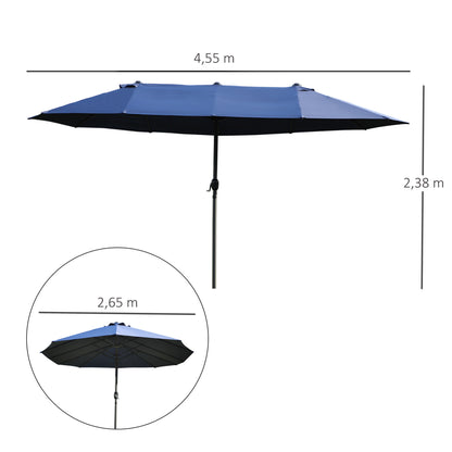 Outsunny Doppelsonnenschirm 455 x 270 cm Gartenschirm mit Handkurbel oval stabil Metallstange Marktschirm Doppelsonnenschirm Terrassenschirm Sonnenschutz für Strand Balkon Terrasse Garten Blau