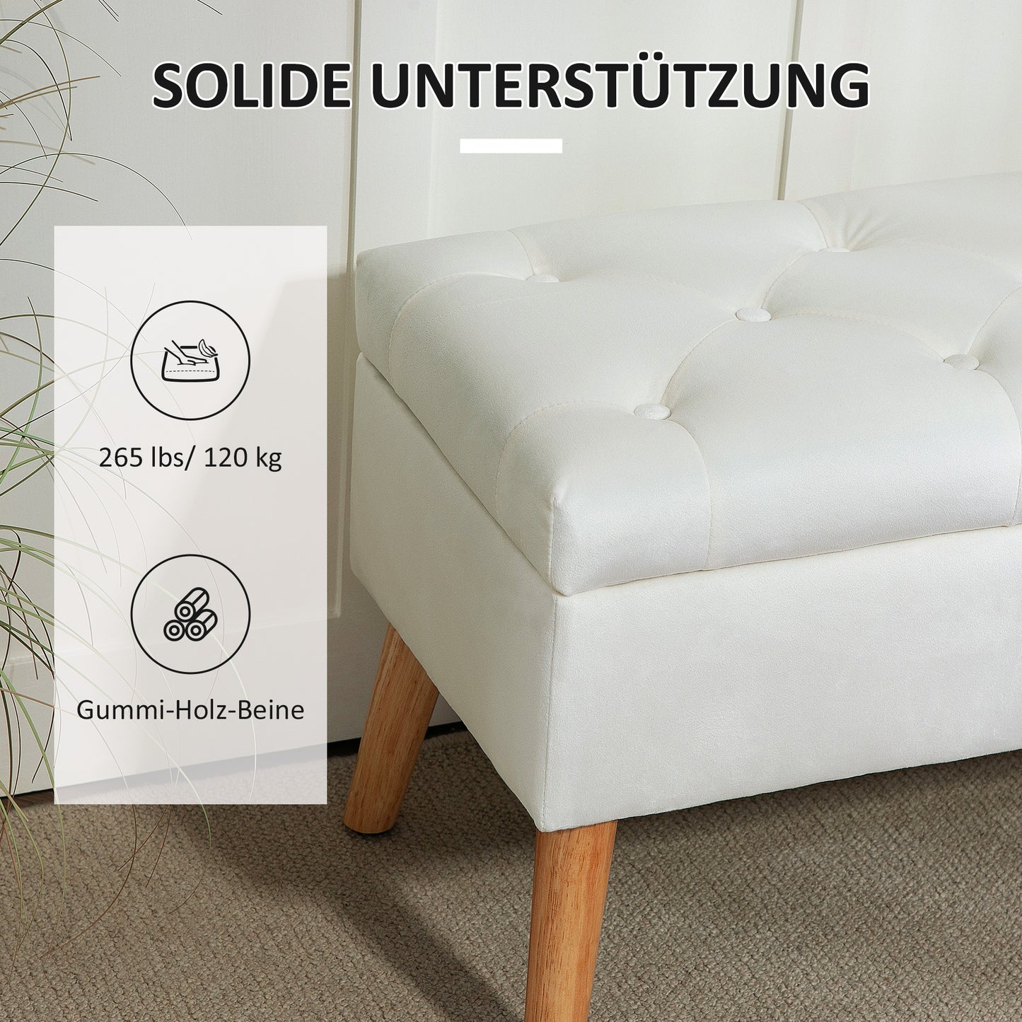 HOMCOM Polsterbank mit Stauraum, Stoffbezug in Samtoptik, Holzbeine, für Wohnzimmer, Schlafzimmer, Flur, 80 x 35 x 42 cm, Weiß