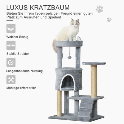 PawHut Kratzbaum mit Katzenhöhle Leiter Katzenbaum Höhe 100 cm Kletterbaum für Katzen Spanplatte Jute Grau 60 x 40 x 100 cm