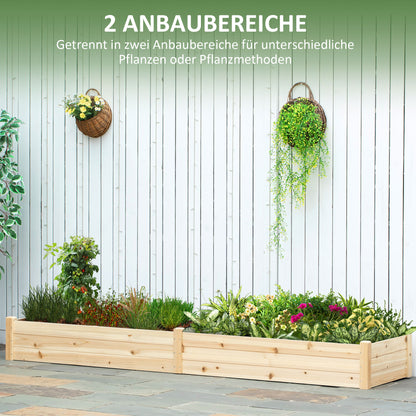 Outsunny Hochbeet, 2 Pflanzbereiche, Innenverkleidung aus Vlies, wetterbeständig, Massivholz, 244 cm x 61,5 cm x 27 cm