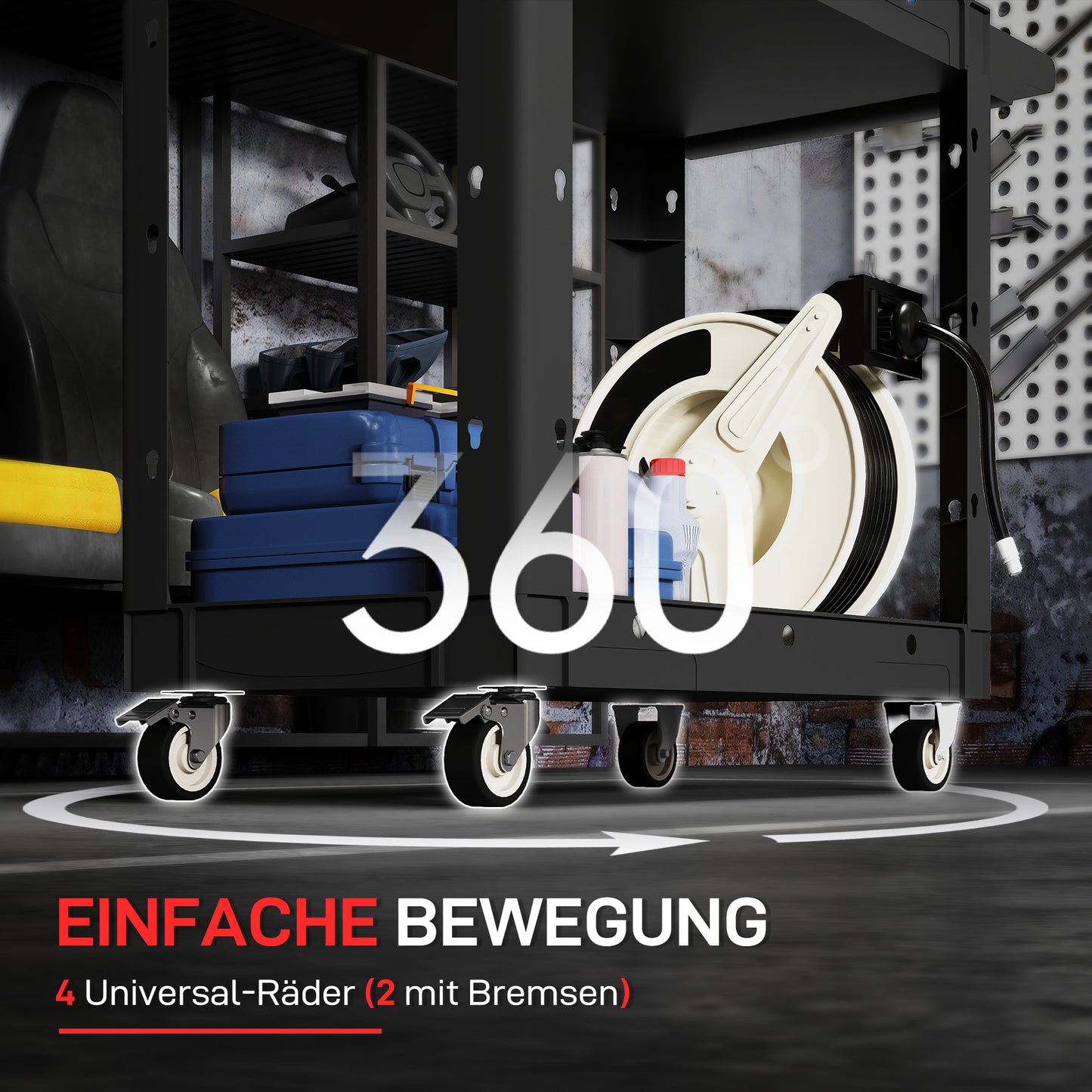 HOMCOM Werkzeugwagen, 2-stöckige Ablagen, Griff, Räder, Kunststoff, Schwarz